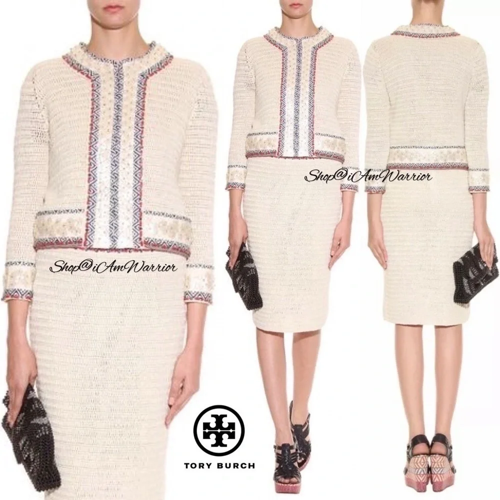 Tory Burch cream crochet beaded embellished cardigan jacket *shop@iamwarrior
